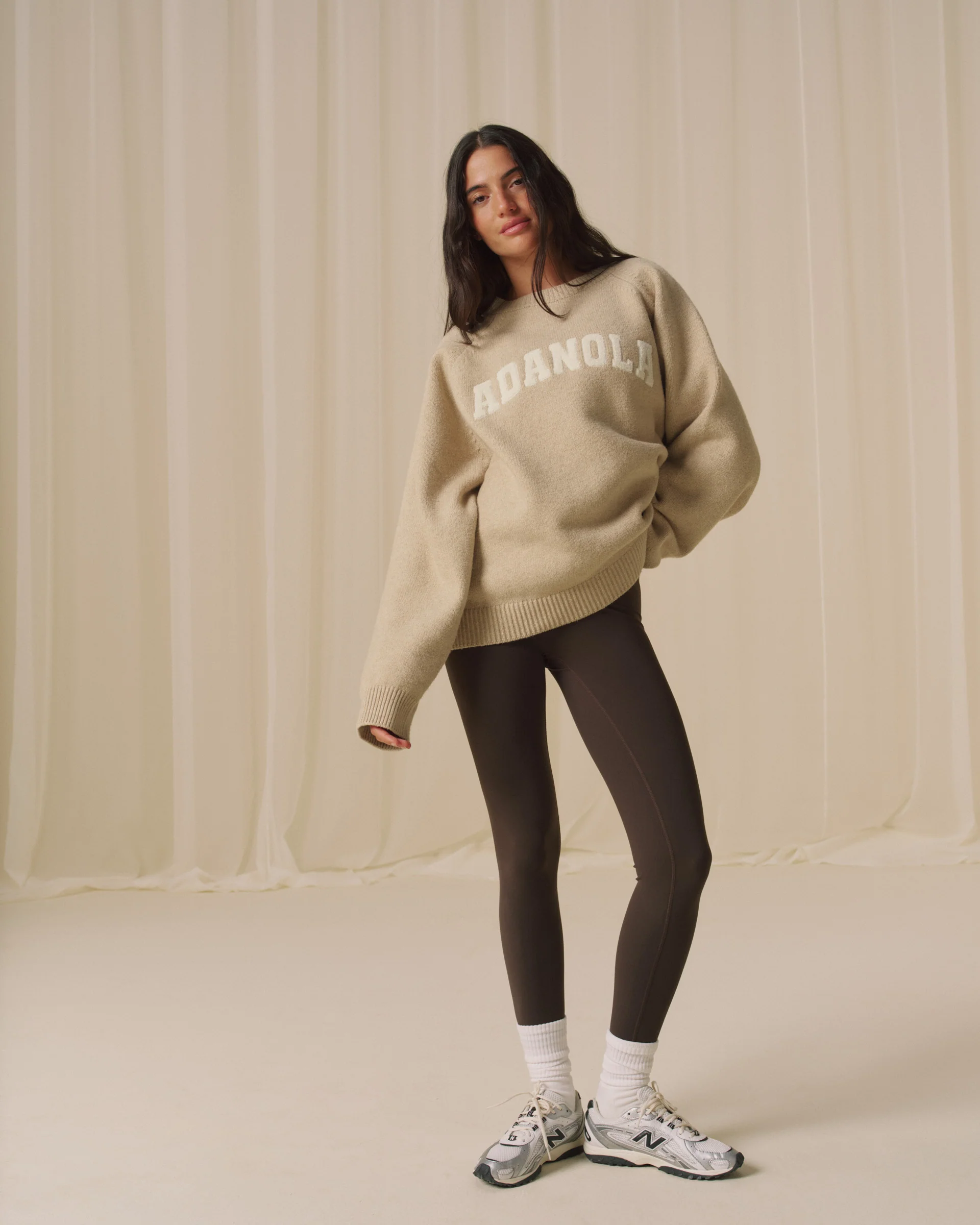 Varsity Boucle Oversized Knit Sweatshirt - Oatmeal/Marshmallow White - Image 4