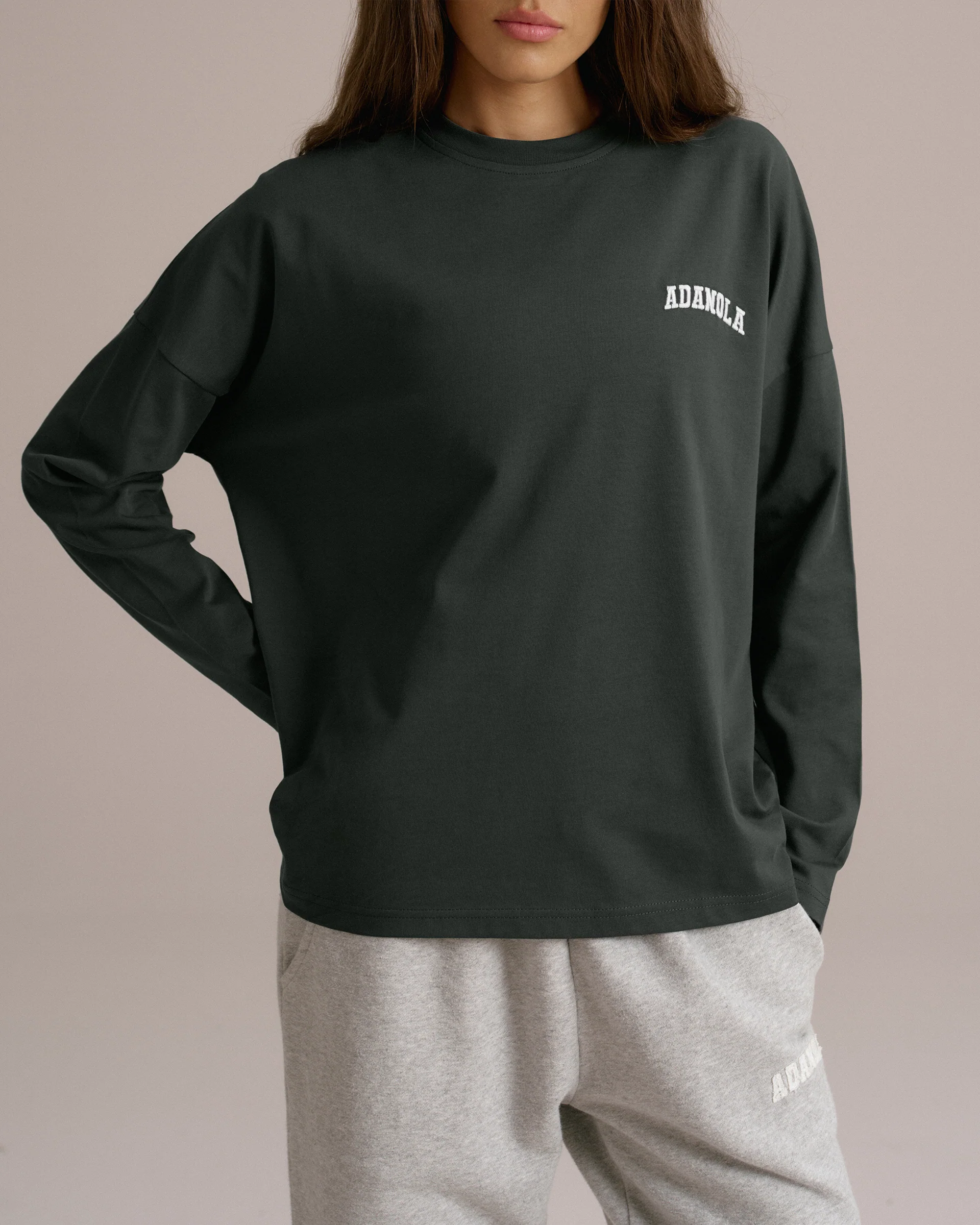 Varsity Long Sleeve Drop Shoulder T-shirt - Moss Green/Marshmallow White - Image 3