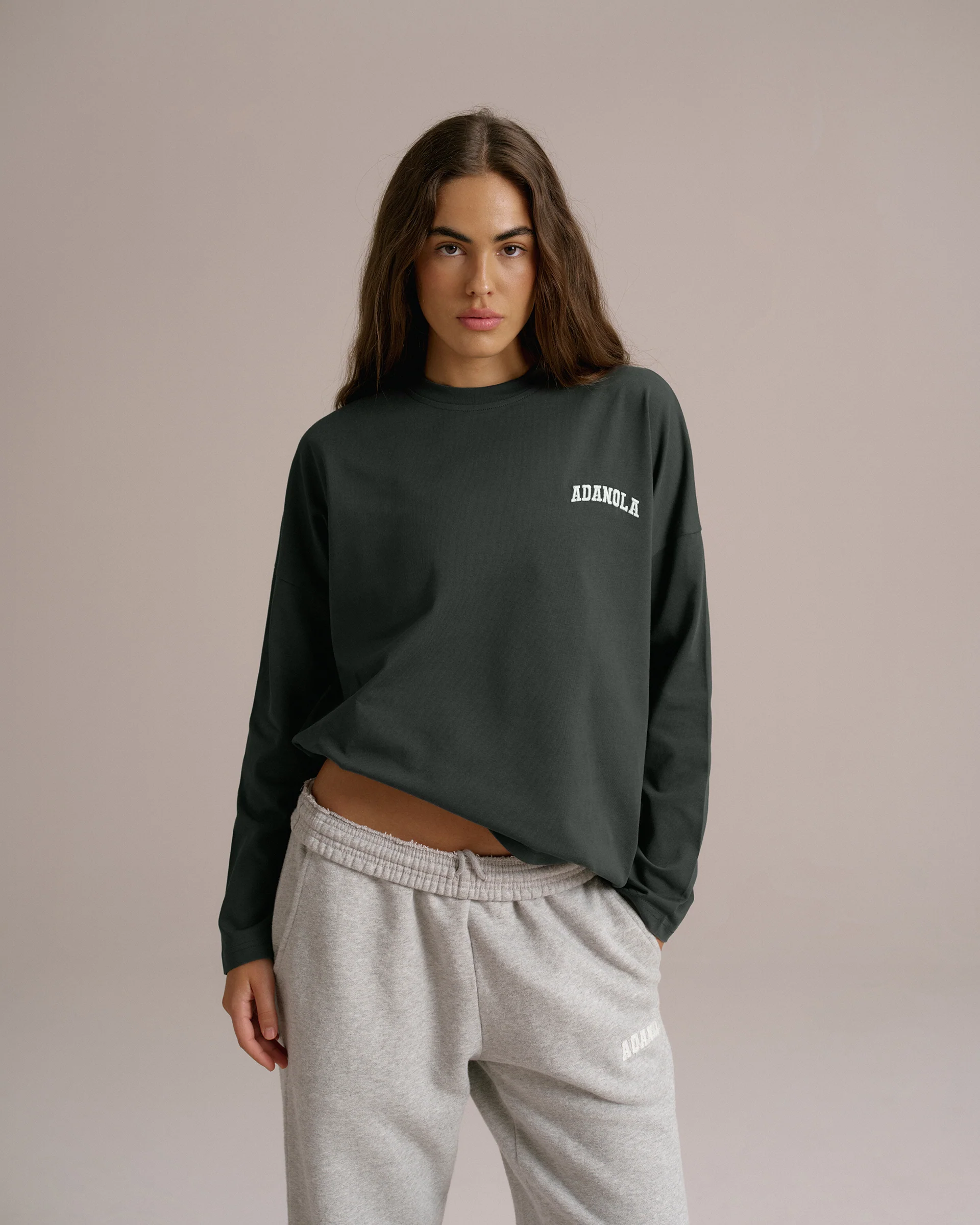 Varsity Long Sleeve Drop Shoulder T-shirt - Moss Green/Marshmallow White - Image 4