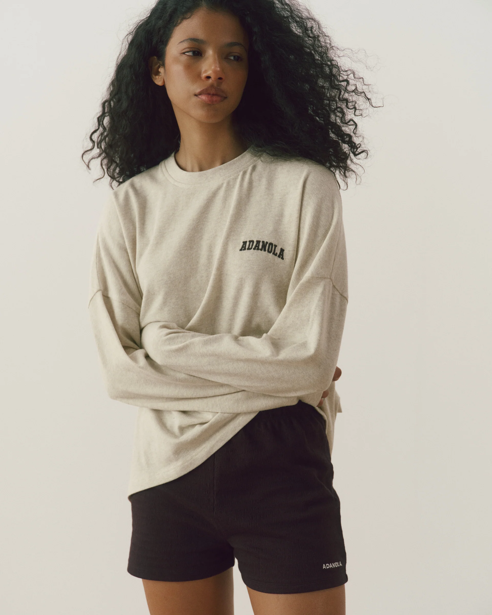 Varsity Long Sleeve Drop Shoulder T-shirt - Oat Melange/Coffee Bean - Image 3