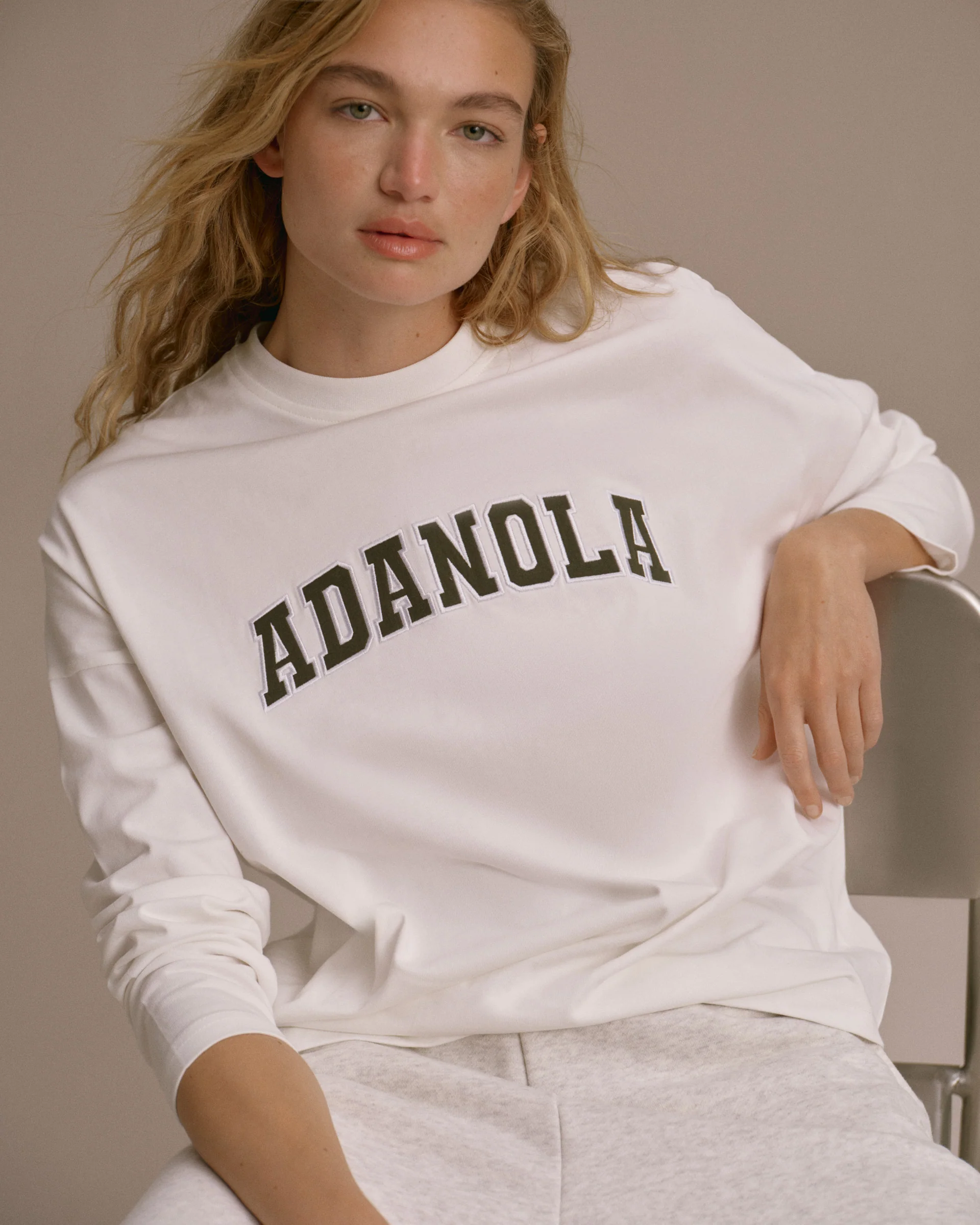 Varsity Long Sleeve Drop Shoulder T-shirt - White/Dark Olive - Image 3