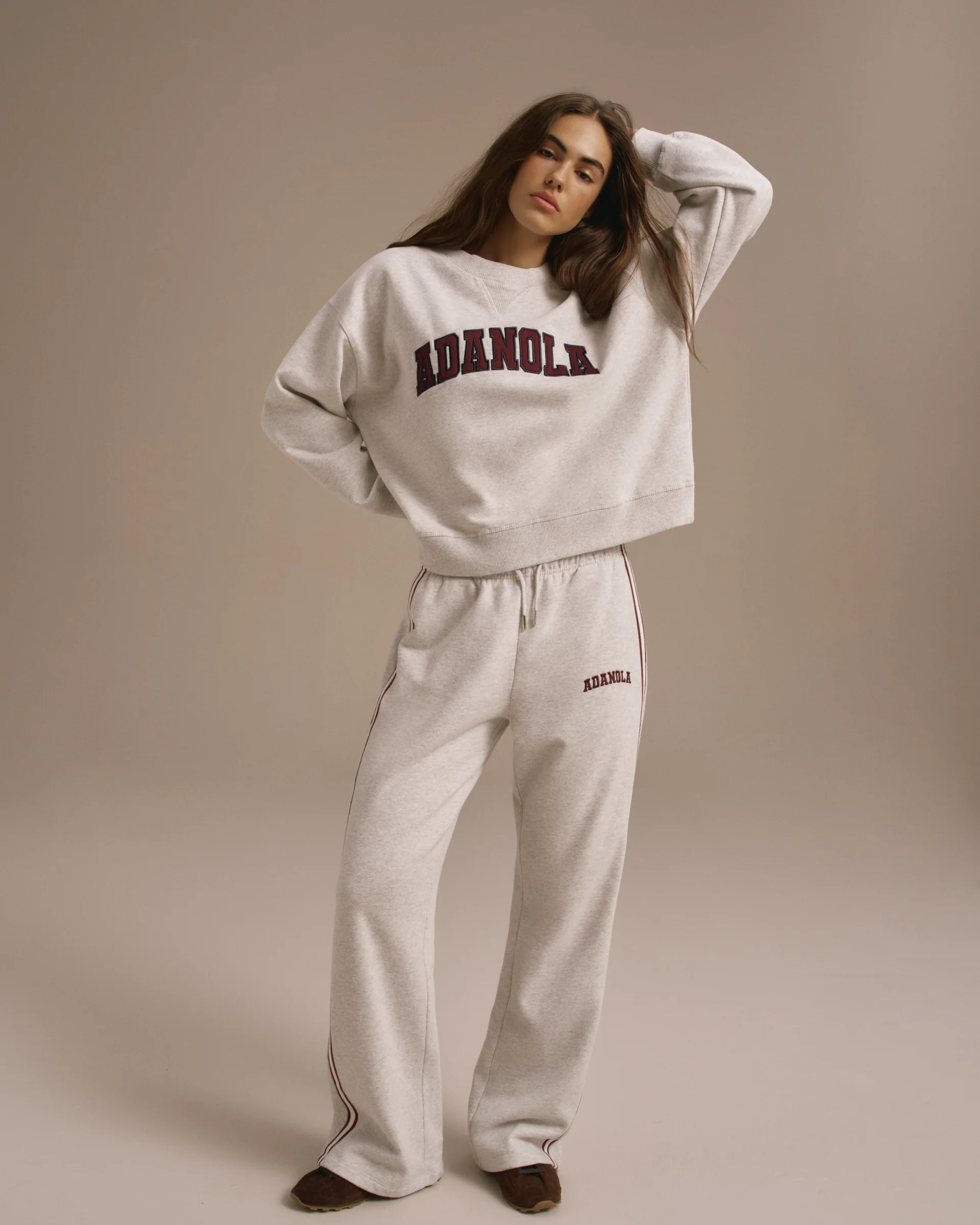 Varsity Loose Fit Straight Leg Sweatpants - Light Grey Melange/Dark Cherry - Image 4