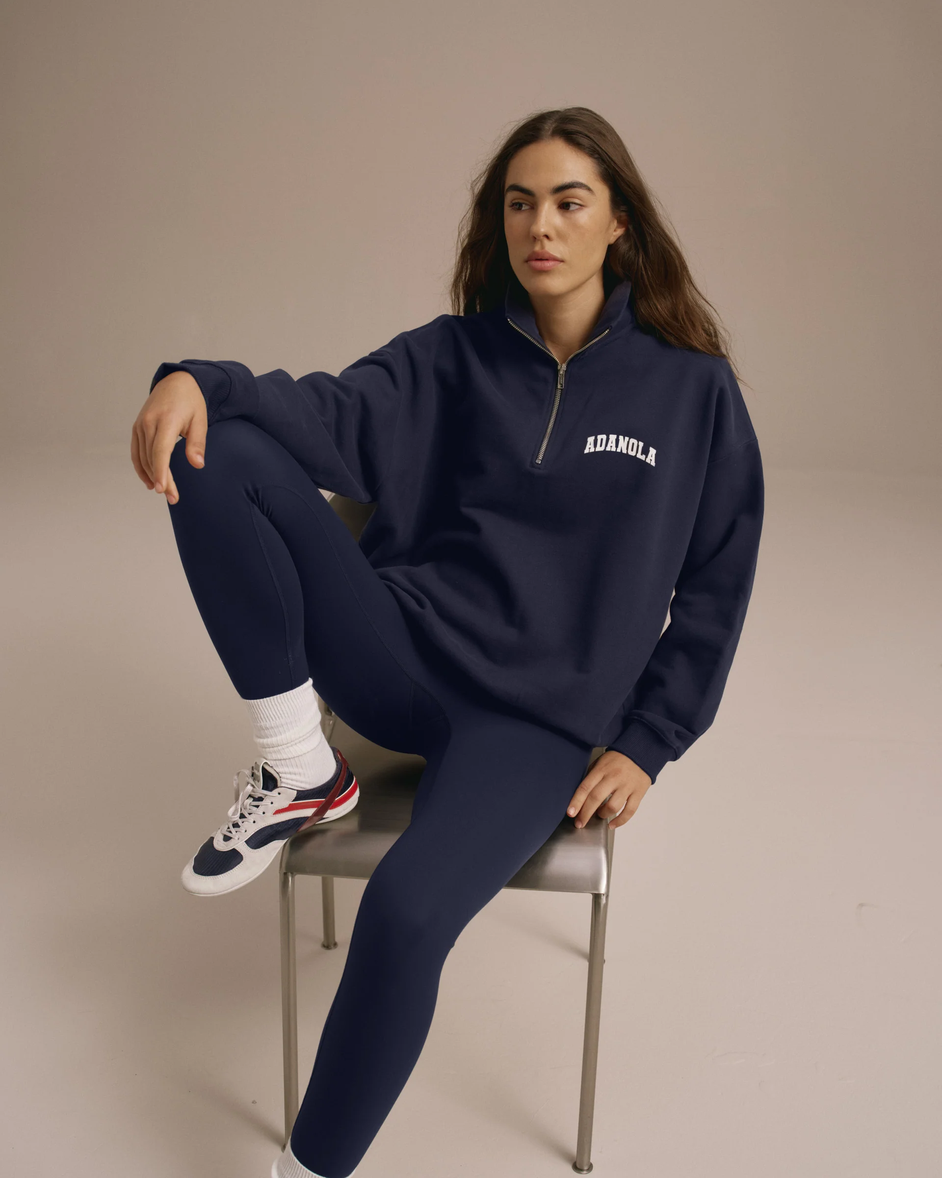 Varsity Oversized Funnel Neck Zip Sweatshirt - Navy Blue - Image 4