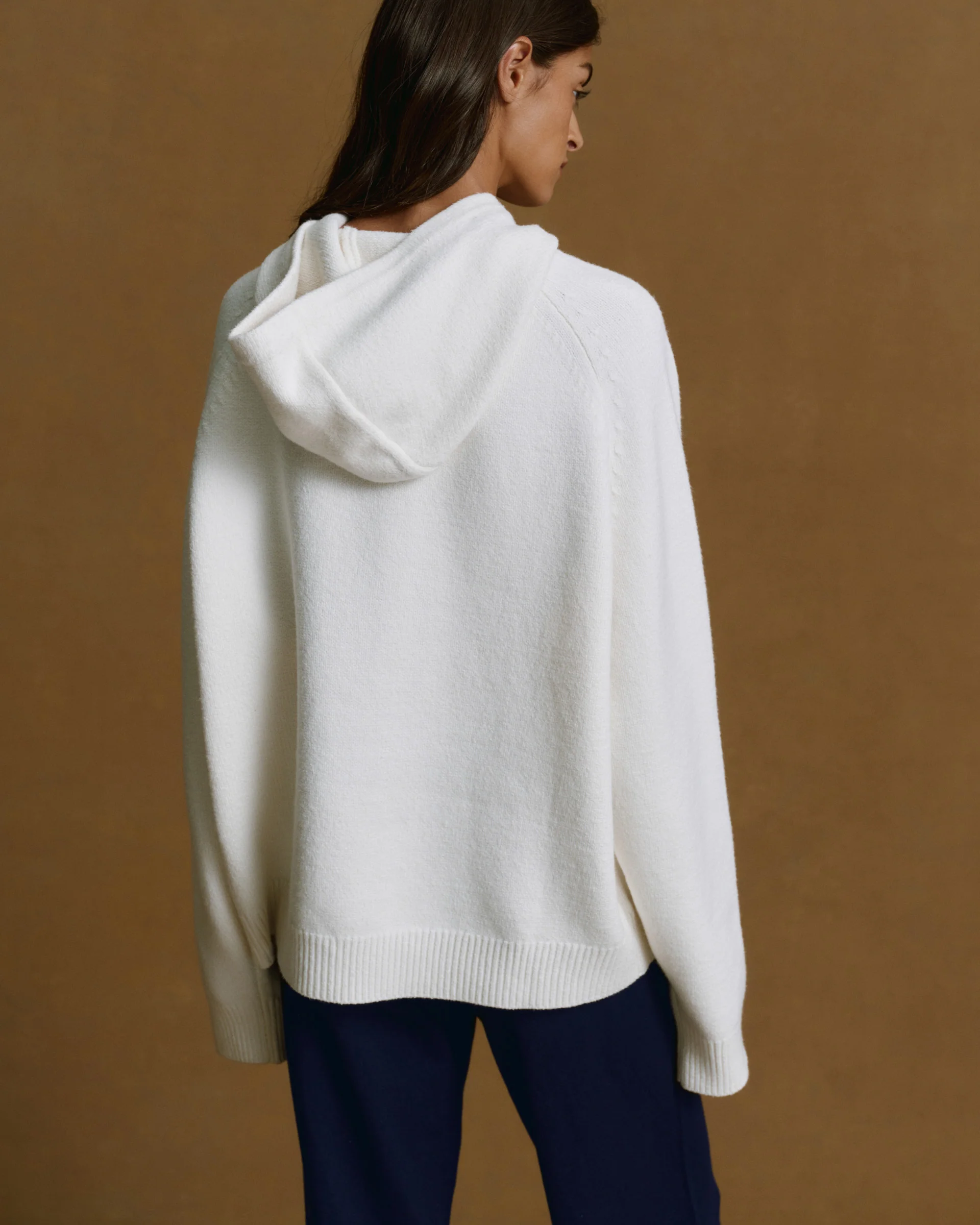 Varsity Oversized Knit Hoodie - Cream/Navy Blue - Image 2