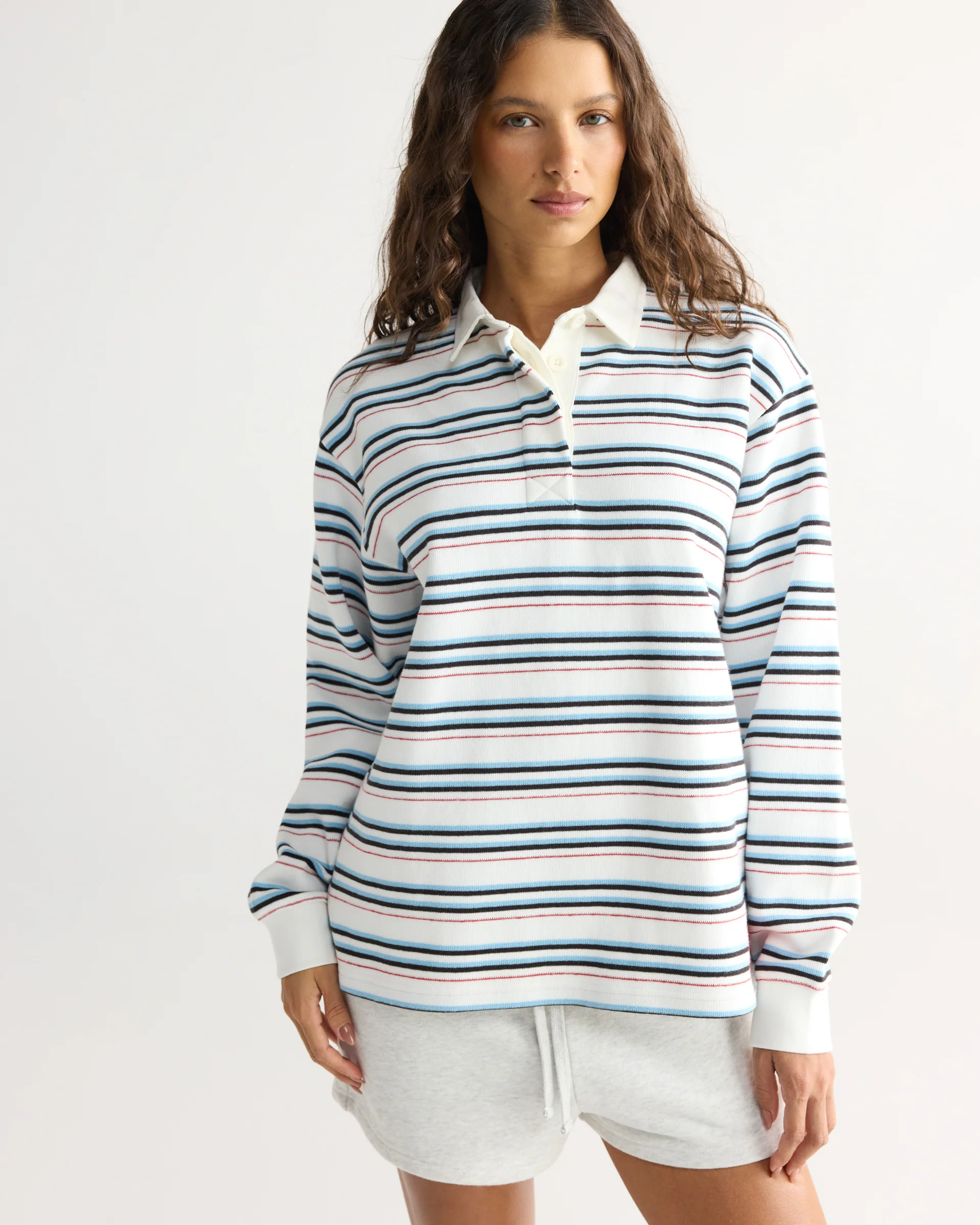 Varsity Oversized Stripe Rugby Sweatshirt - Airy Blue/Marshmallow White - Image 5