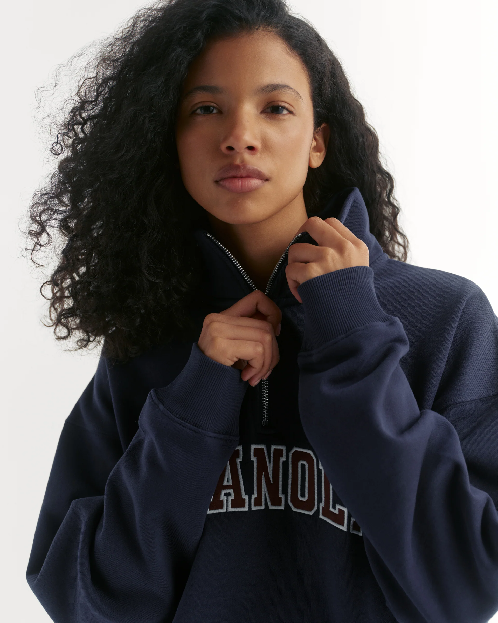 Varsity Relaxed Funnel Neck Zip Sweatshirt - Navy Blue/Mulberry Red - Image 3