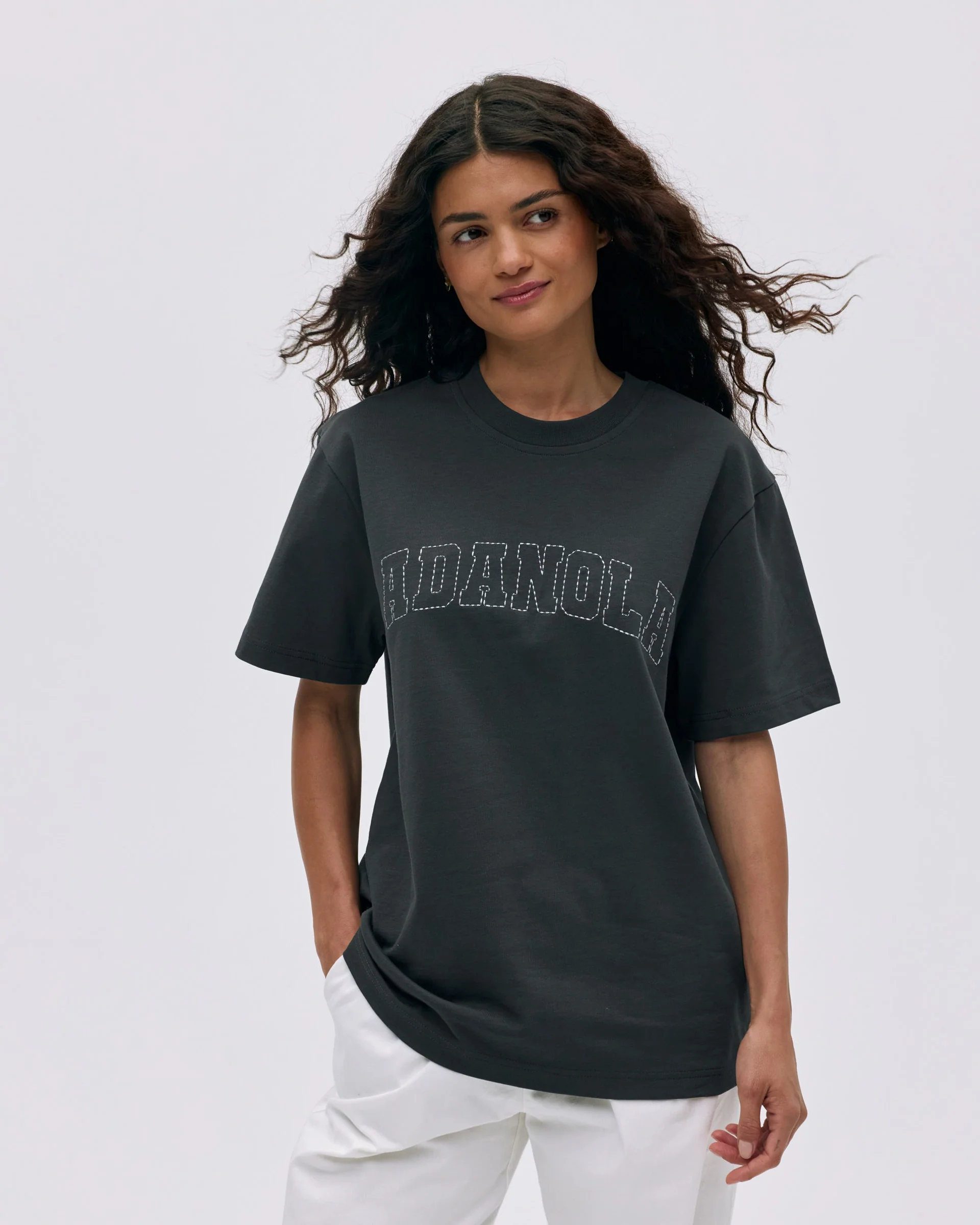 Varsity Stitch Short Sleeve Oversized T-shirt - Graphite Grey/Marshmallow White - Image 3