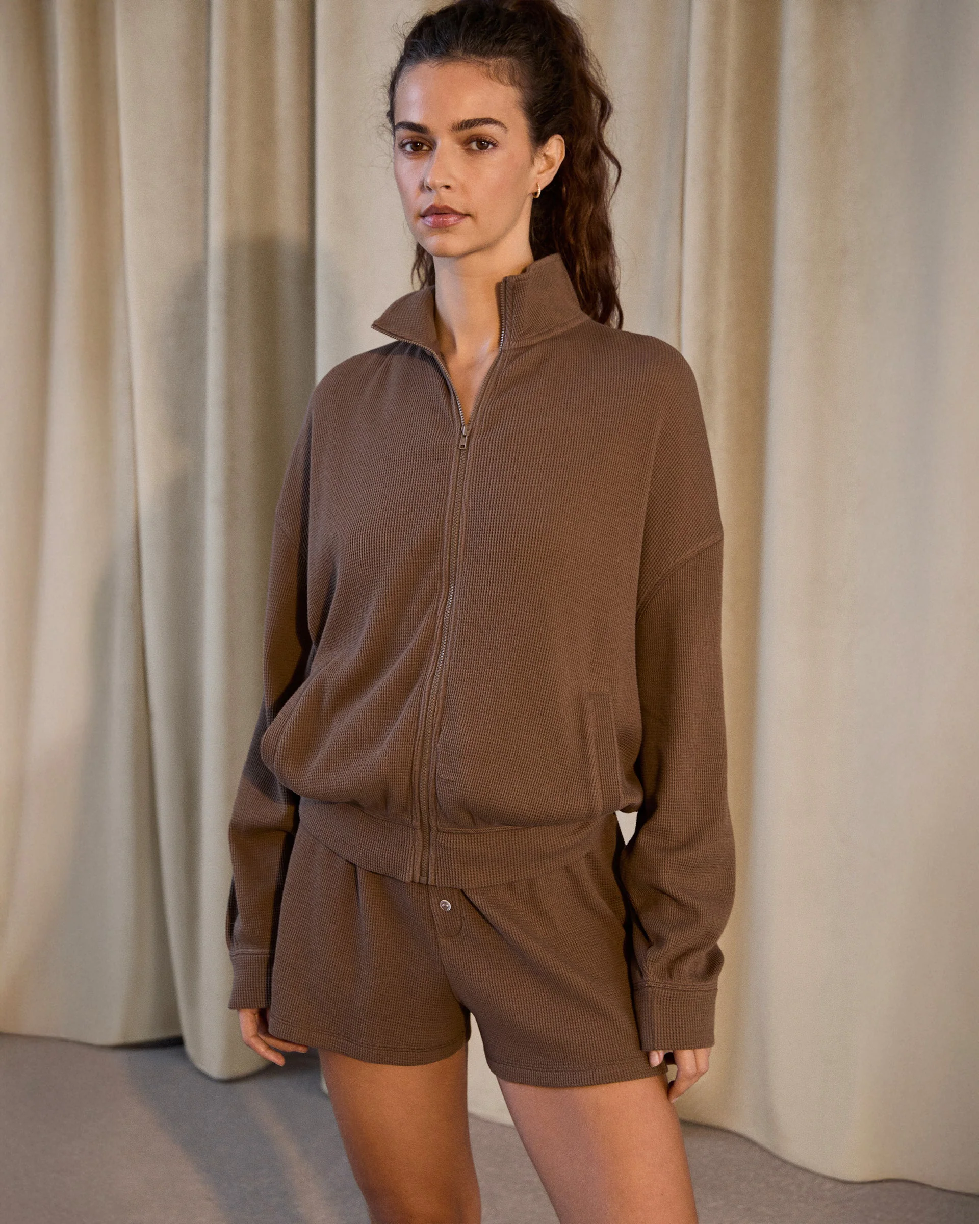 Waffle Full Zip Funnel Neck Sweatshirt - Mocha Brown - Image 3