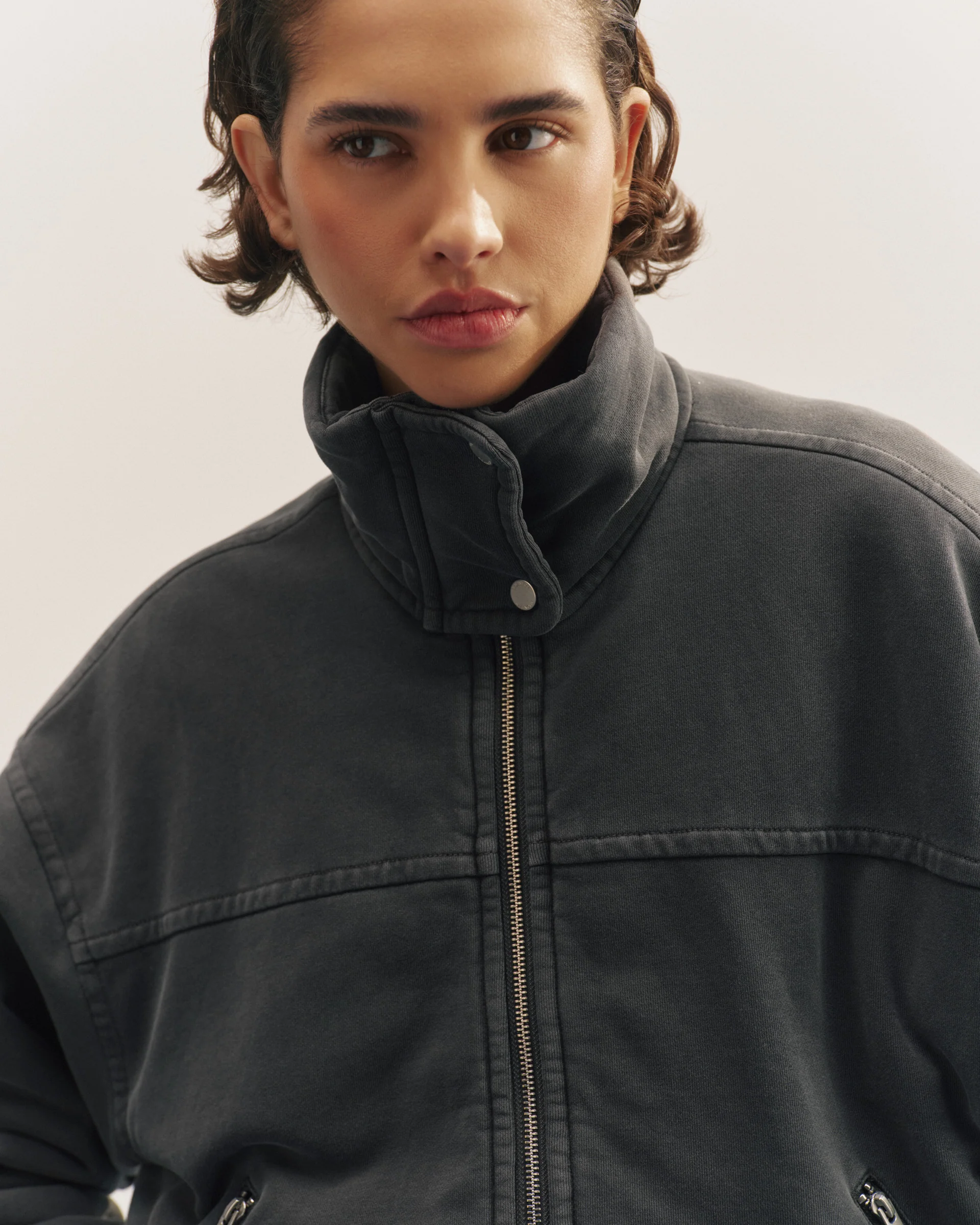 Washed Padded Bomber Jacket - Charcoal Grey - Image 3