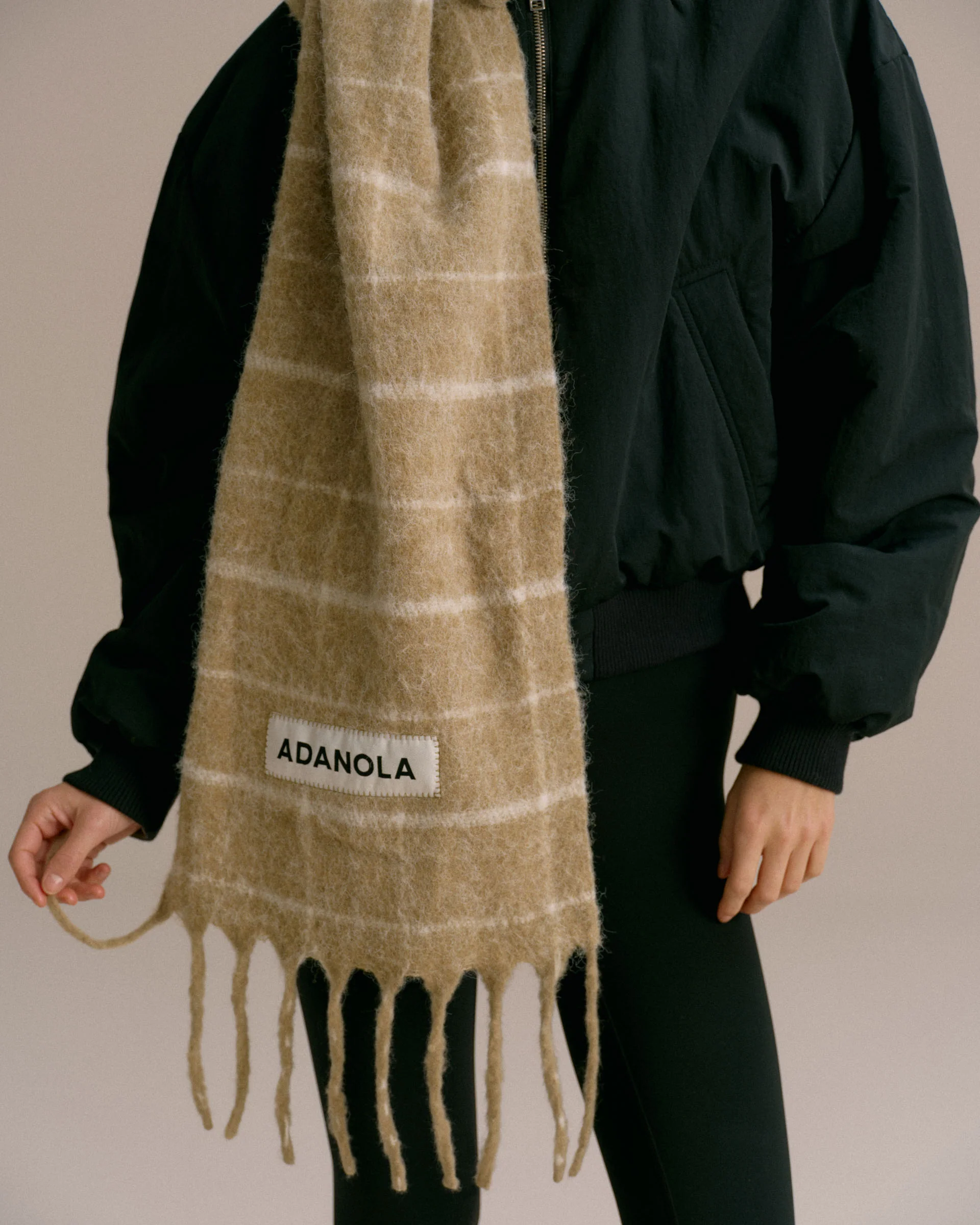 Wool Blend Brushed Checked Scarf - Stone/Marshmallow White - Image 2