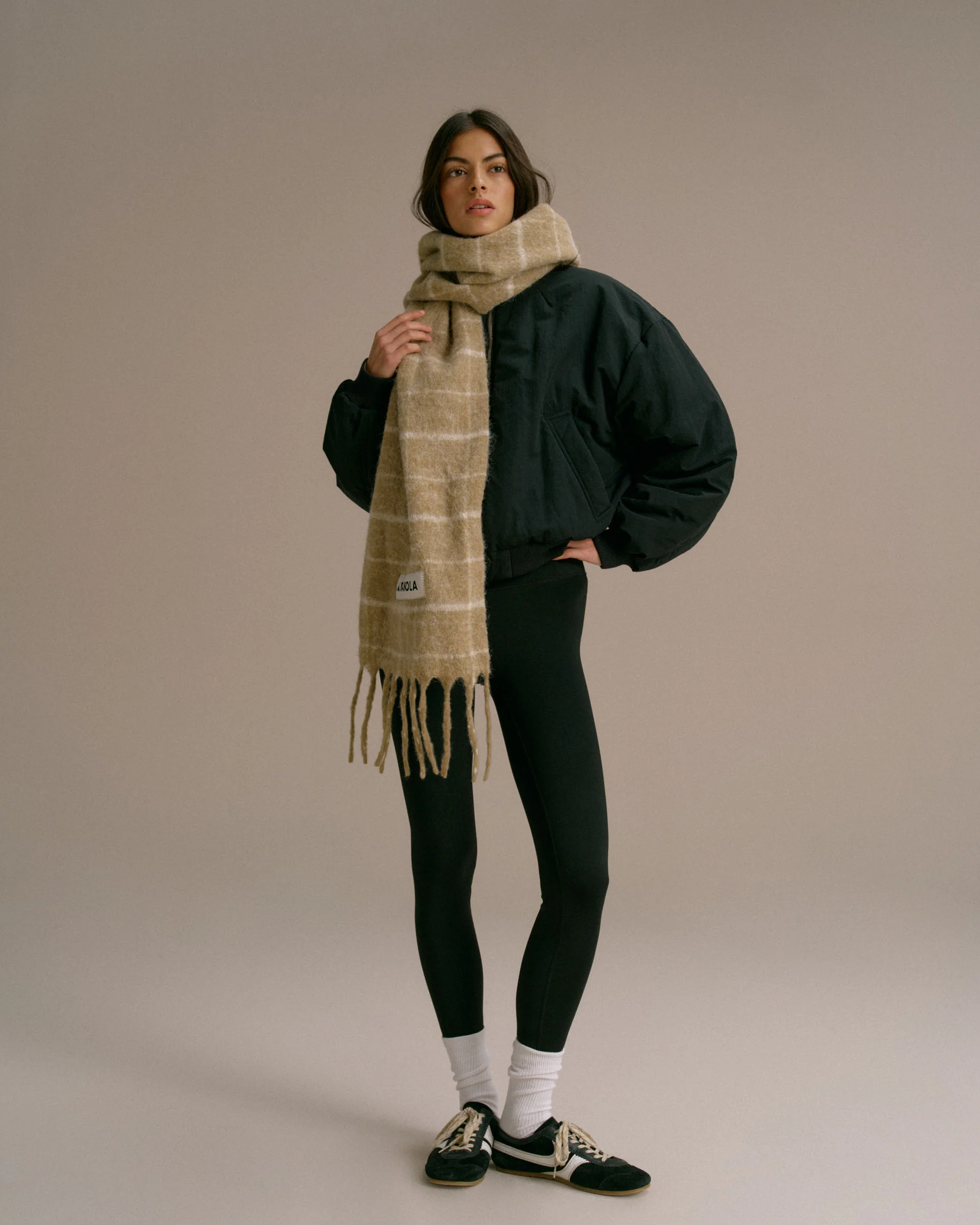 Wool Blend Brushed Checked Scarf - Stone/Marshmallow White - Image 3