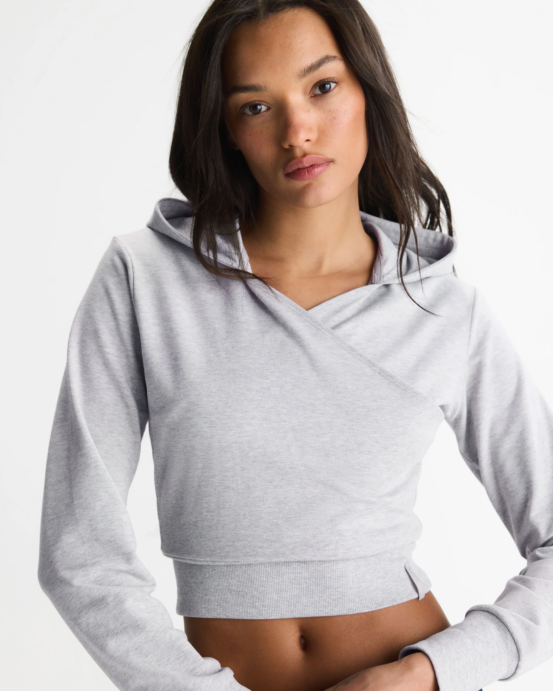 Wrap Modal Hoodie Top - Light Grey Melange - Image 4